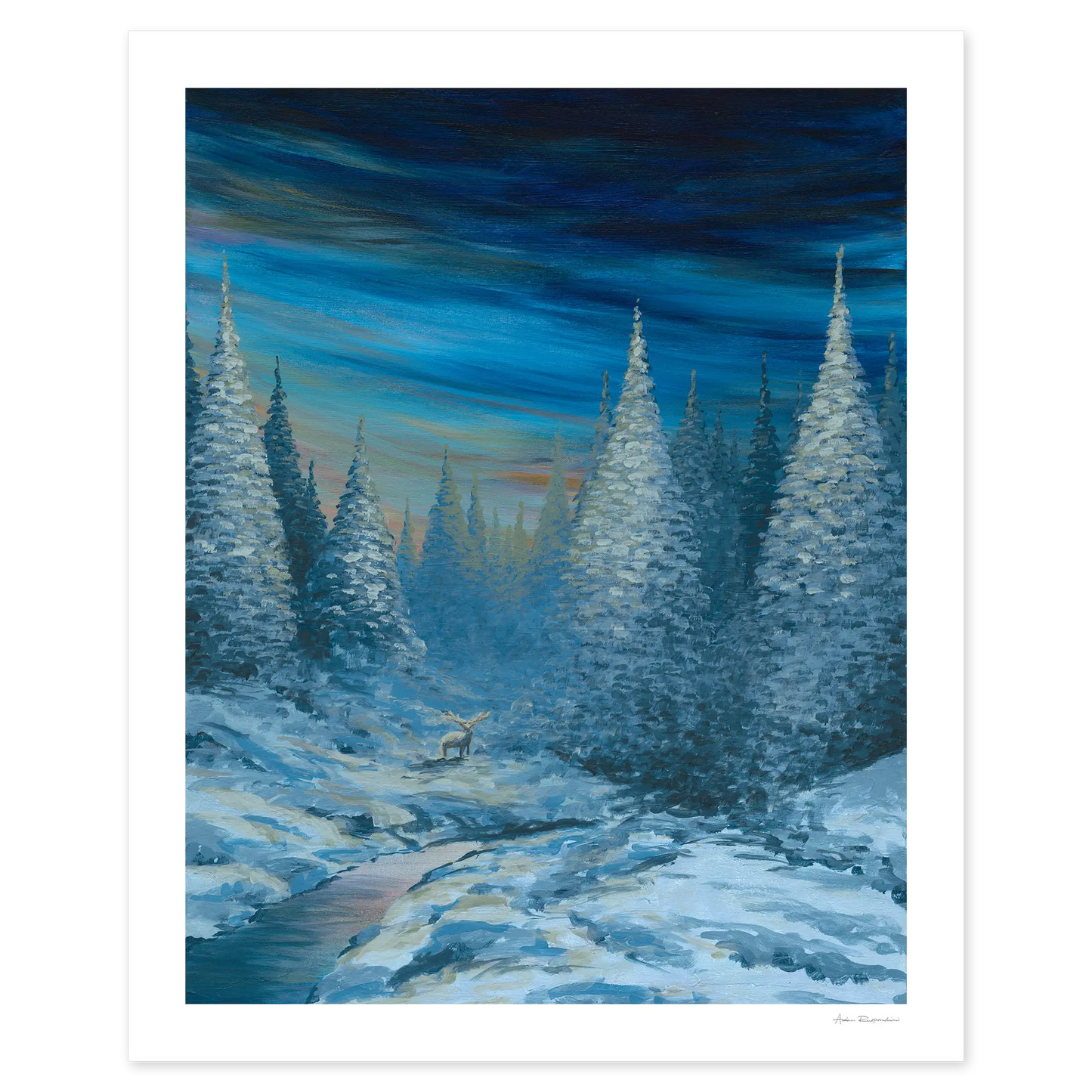 Winter landscape with snow-covered trees and a deer, under a dark blue sky.