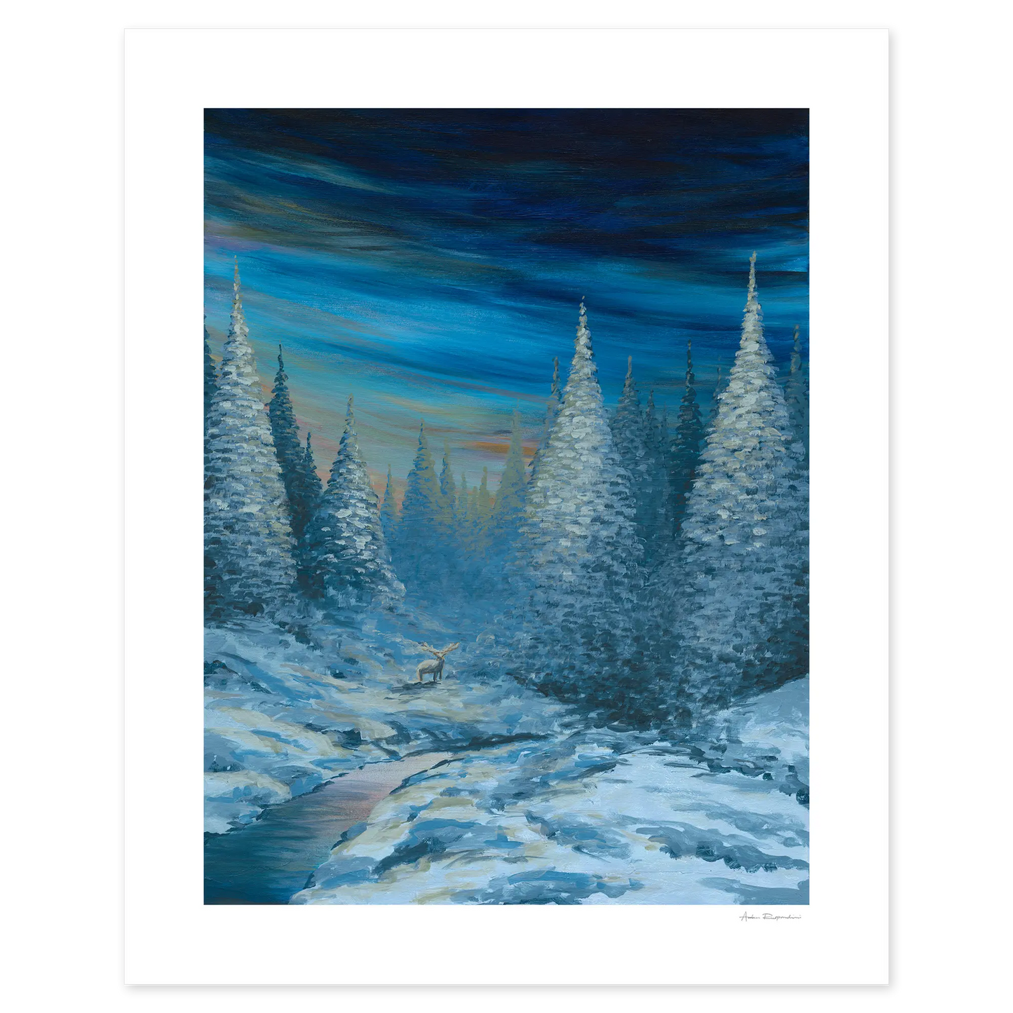 Winter landscape with snow-covered trees and a river, under a dark blue sky.