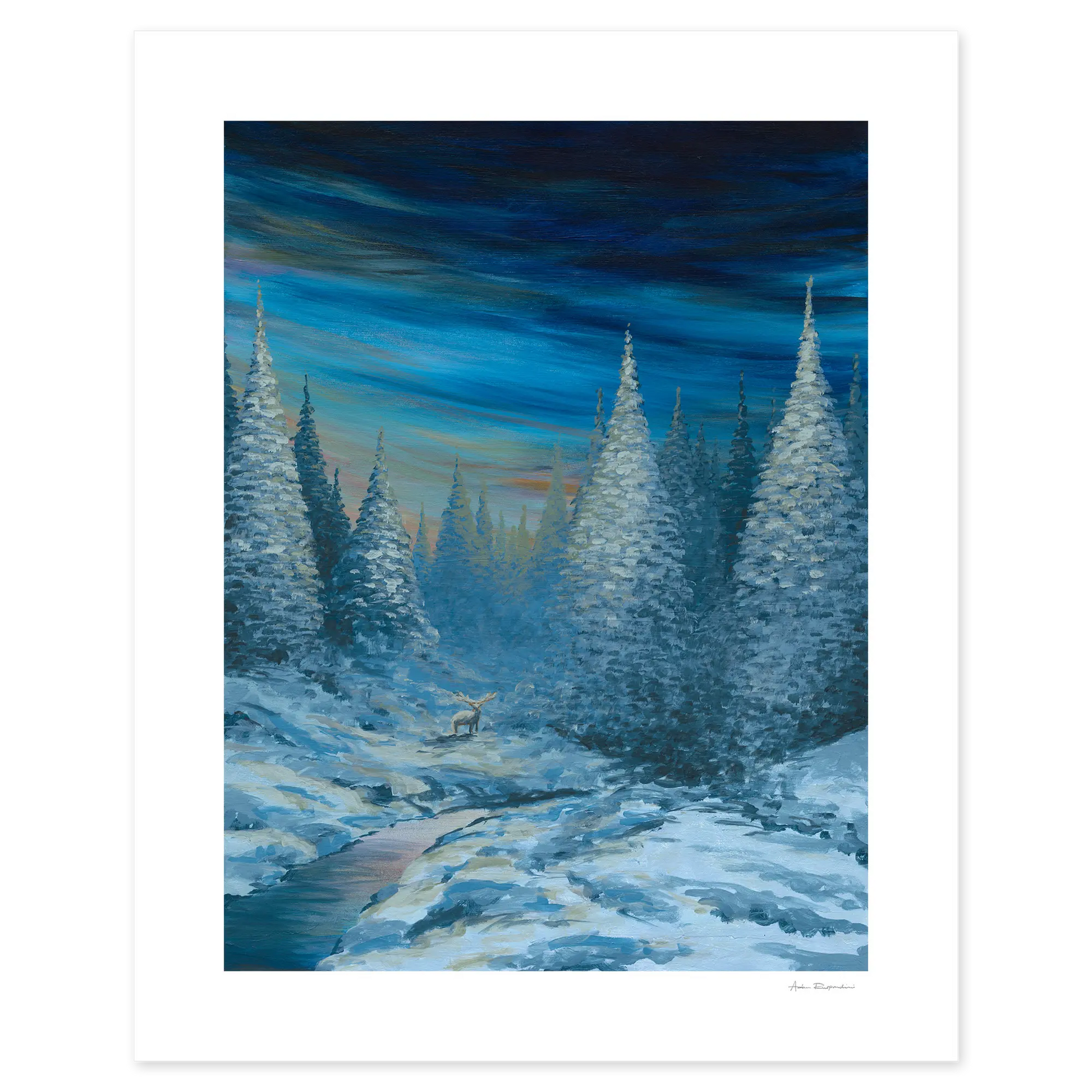 Framed artwork of a snowy forest landscape with a deer and a mountain in the background.