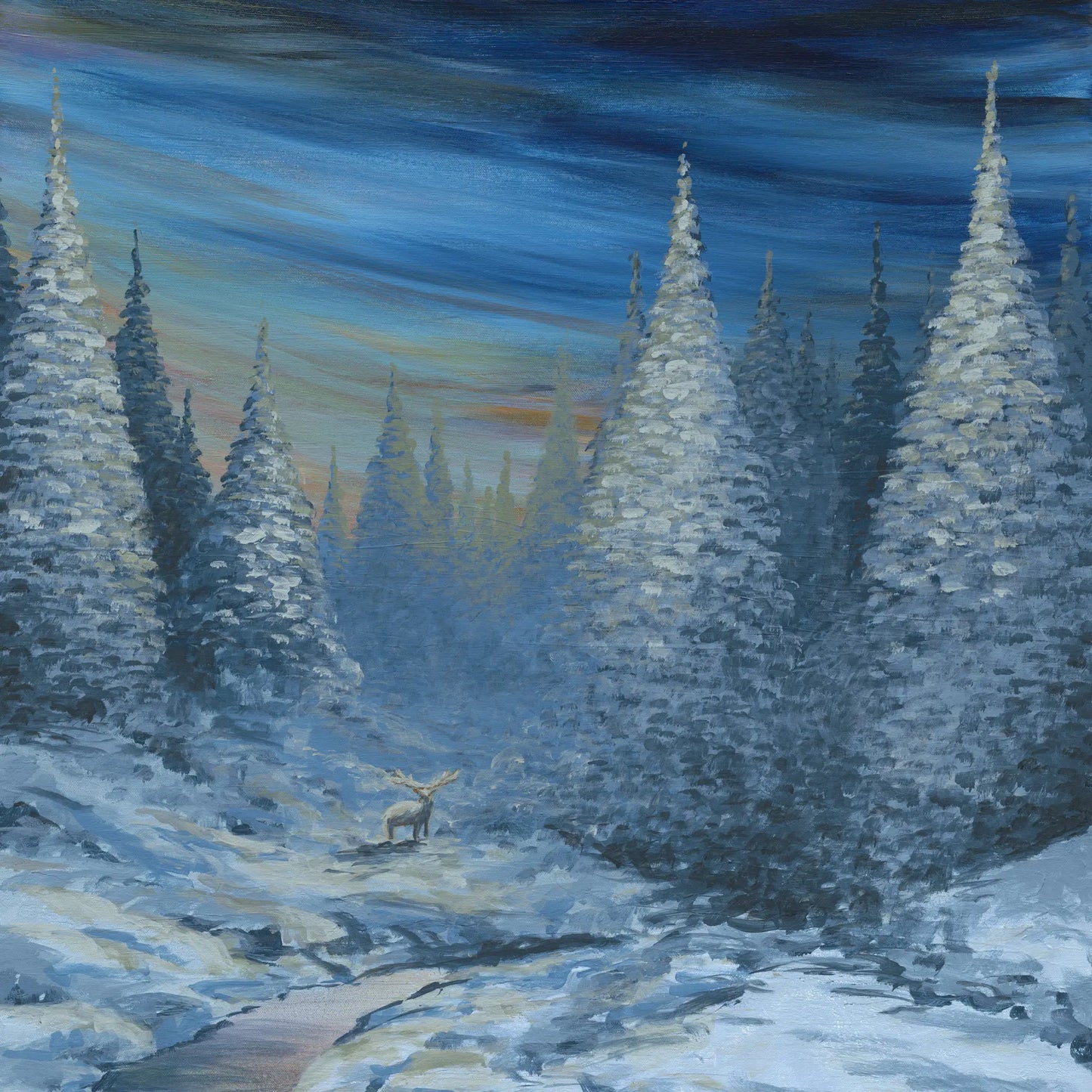 Winter landscape with snow-covered trees and a deer in a forest