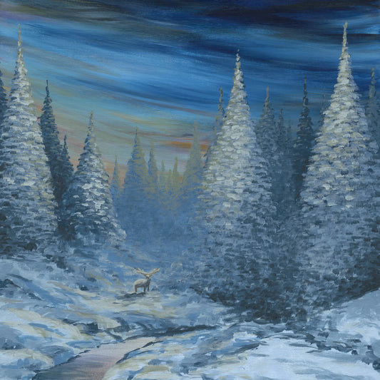 Winter landscape with snow-covered trees and a deer in a forest