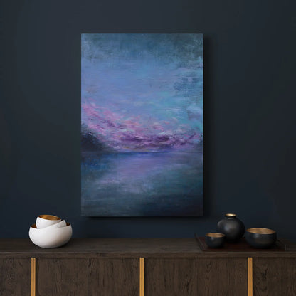 Abstract painting on a dark wall with decorative vases below