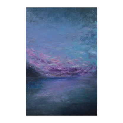 Abstract painting with blue and purple hues on a white background