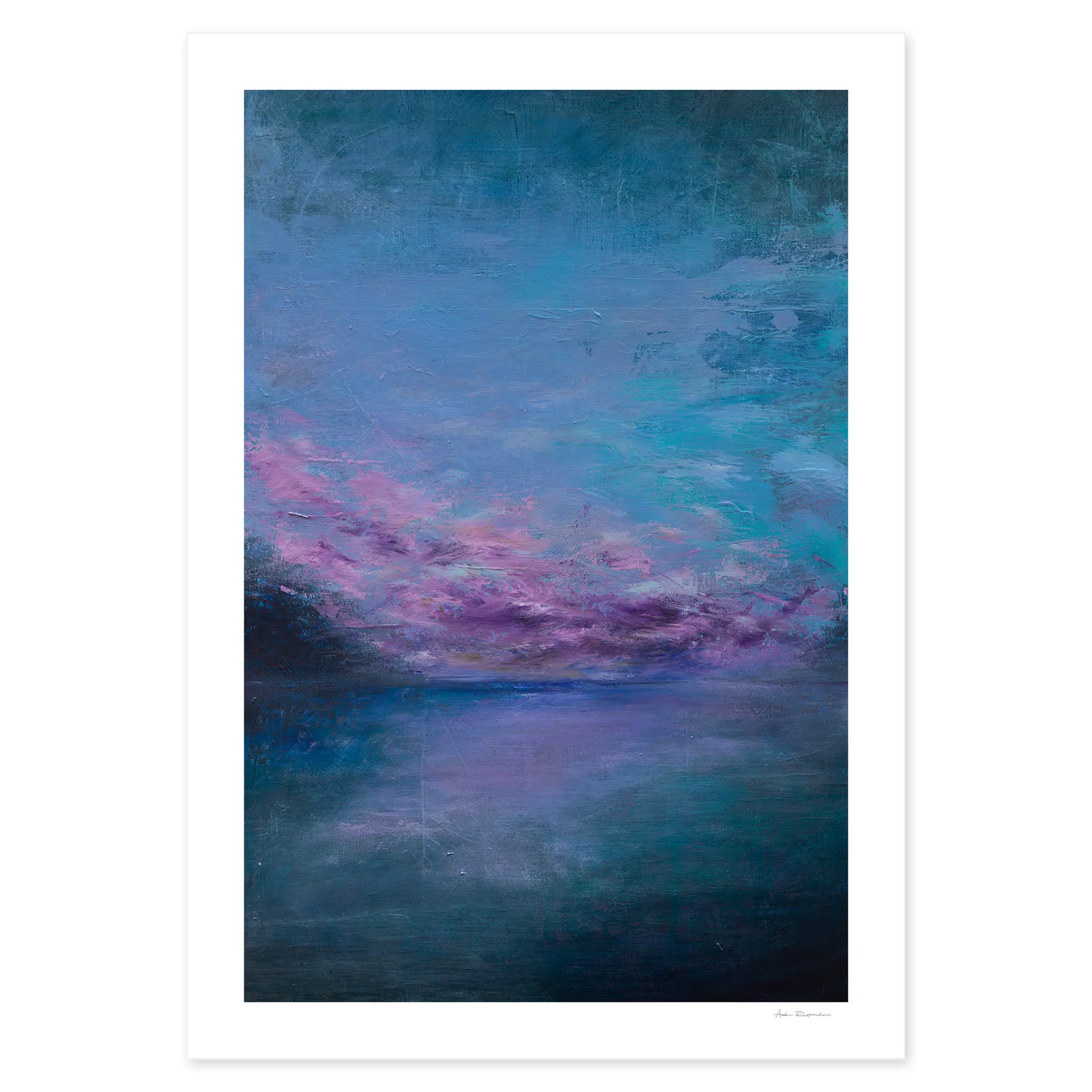 Abstract artwork with swirling blue and pink hues on a white background