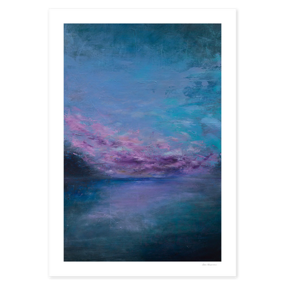 Abstract artwork with swirling blue and pink hues on a white background