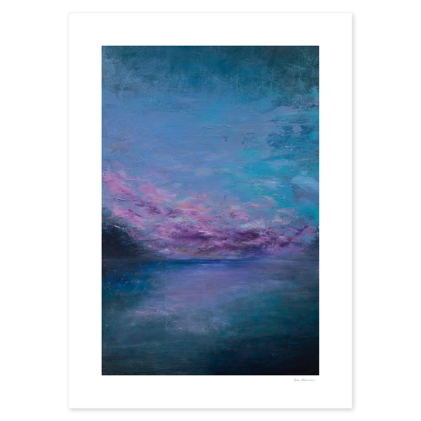 Abstract artwork with blue and purple hues on a white background