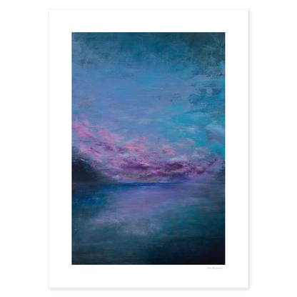 Abstract artwork with blue and purple hues on a white background