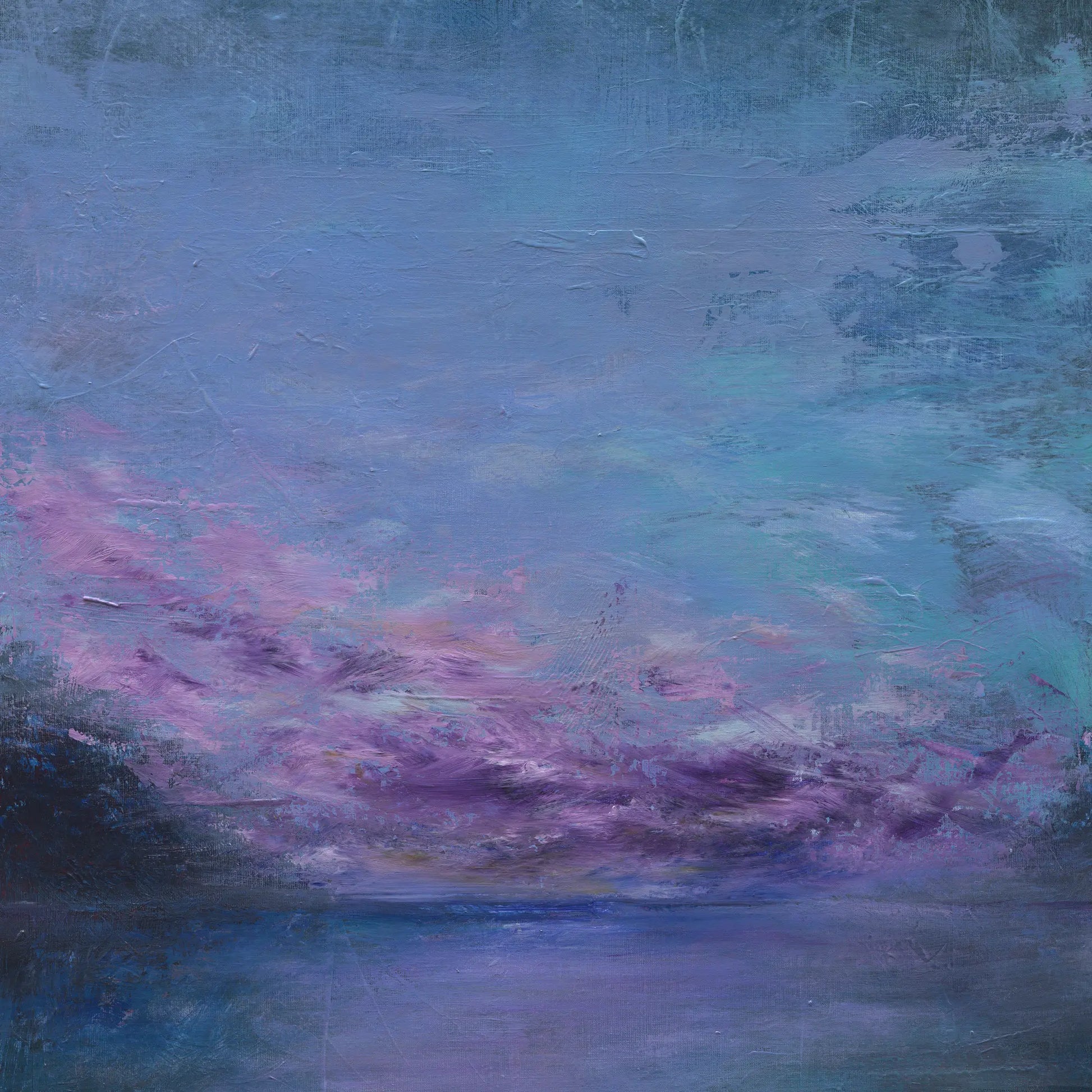 Abstract painting with swirling colors in blue, pink, and purple.