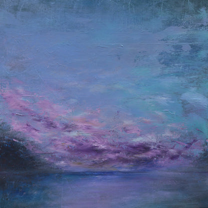 Abstract painting with swirling colors in blue, pink, and purple.