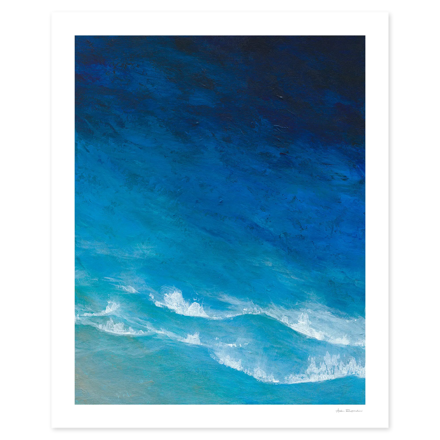 Artistic depiction of ocean waves with a gradient of blue and white.