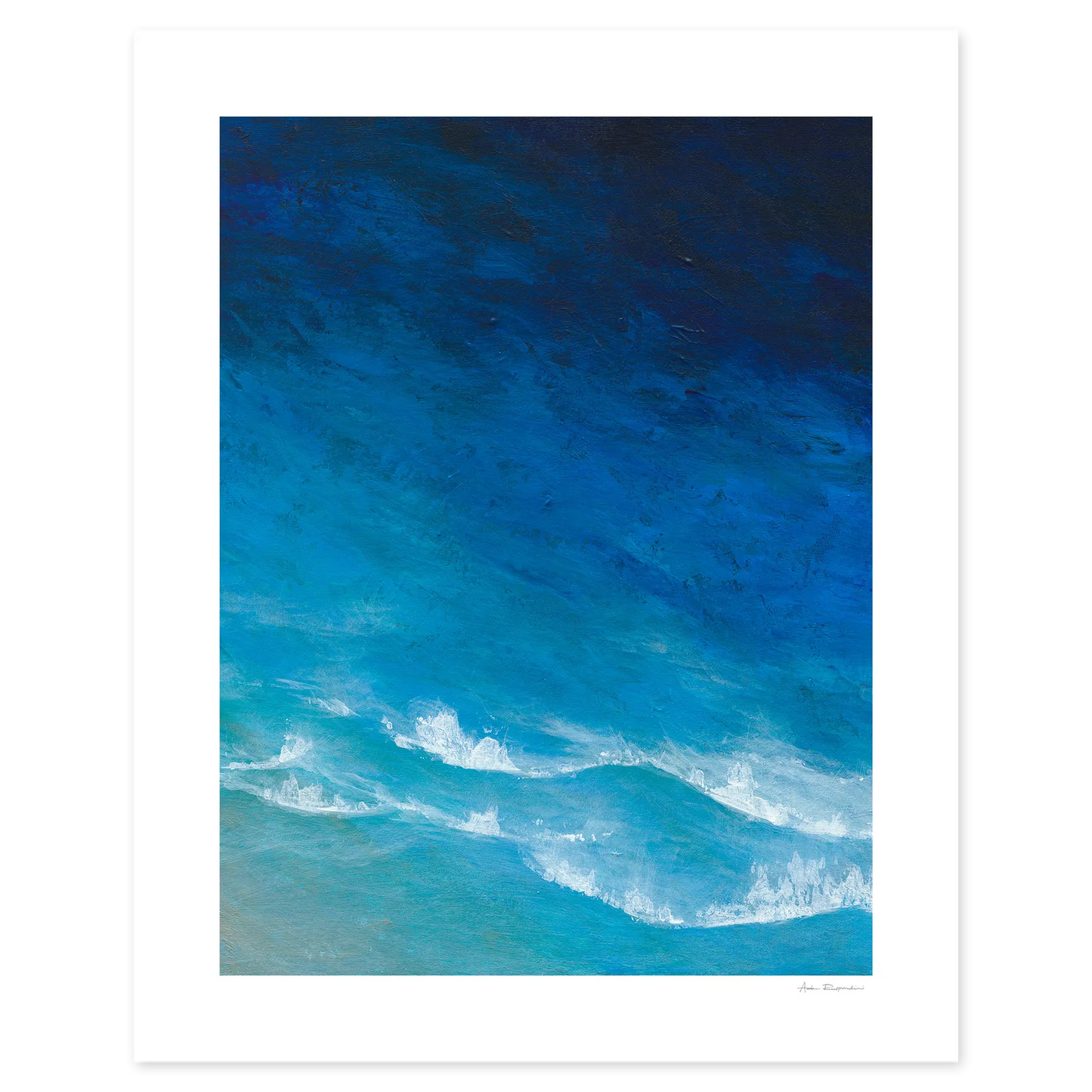 Artistic depiction of ocean waves with a gradient of blue and white.