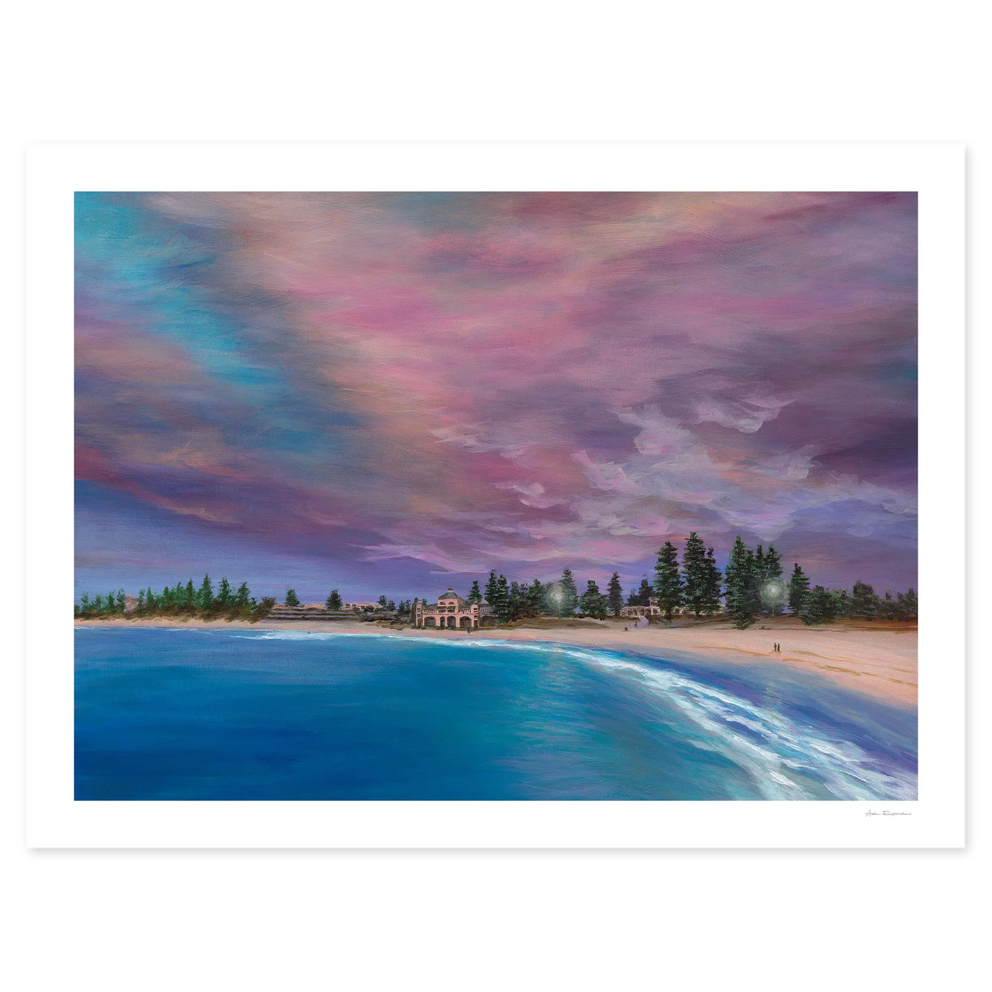 Beach scene with a colorful sky and ocean waves.
