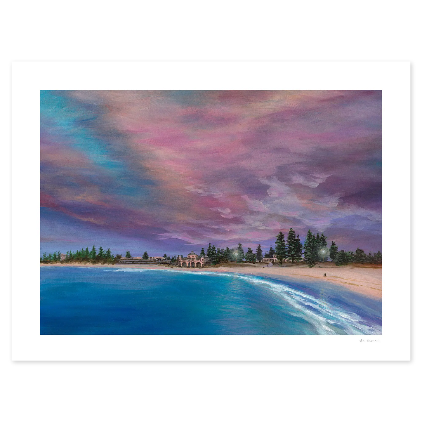 Beach scene with a colorful sky and buildings.