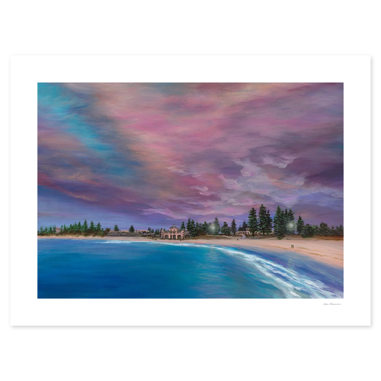 Beach scene with colorful sky and ocean