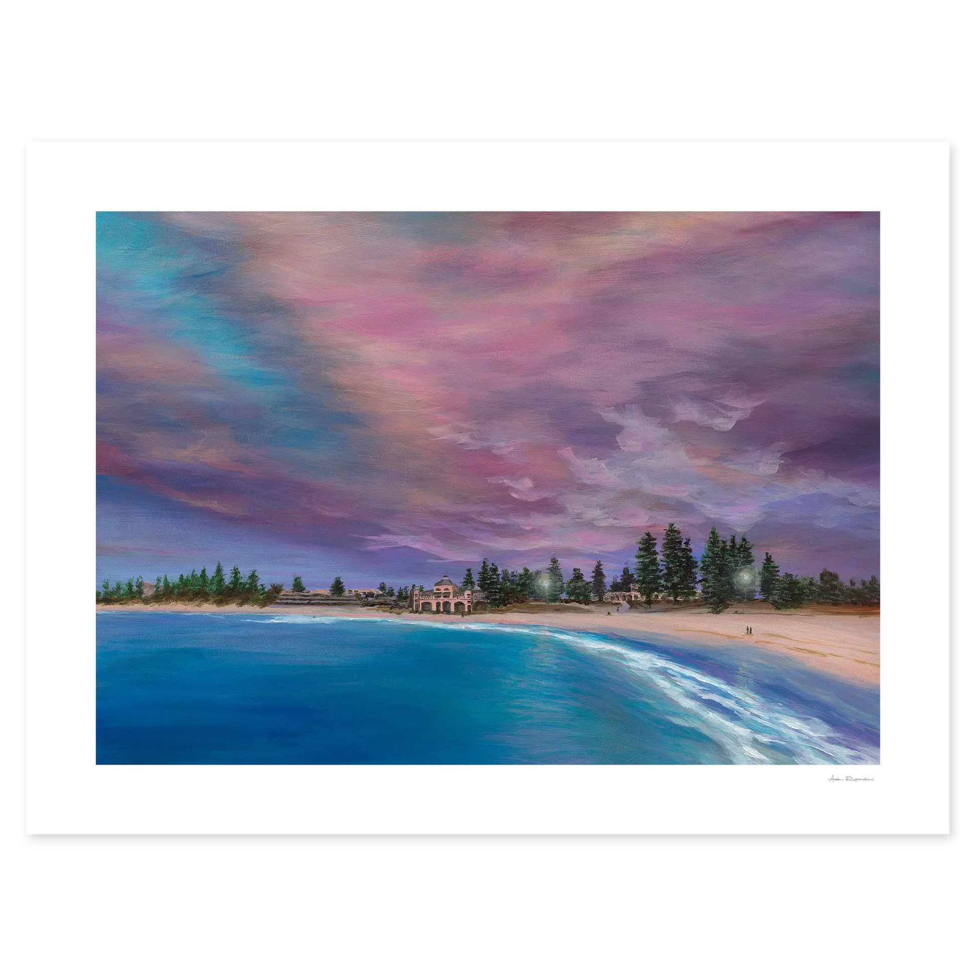 Beach scene with colorful sky and ocean