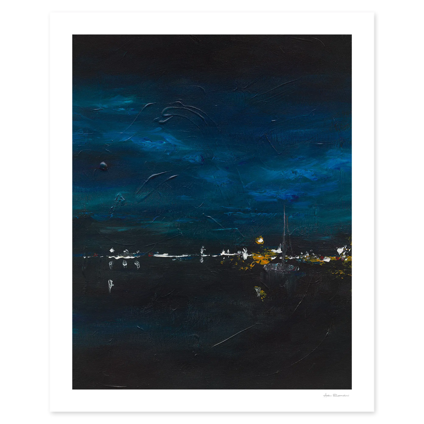 Artistic depiction of a night sky with city lights below