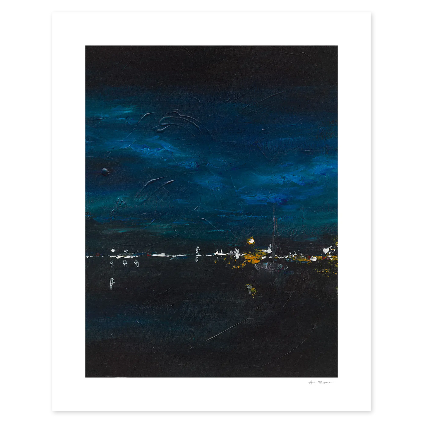 Cityscape at night with a dark blue sky and stars.