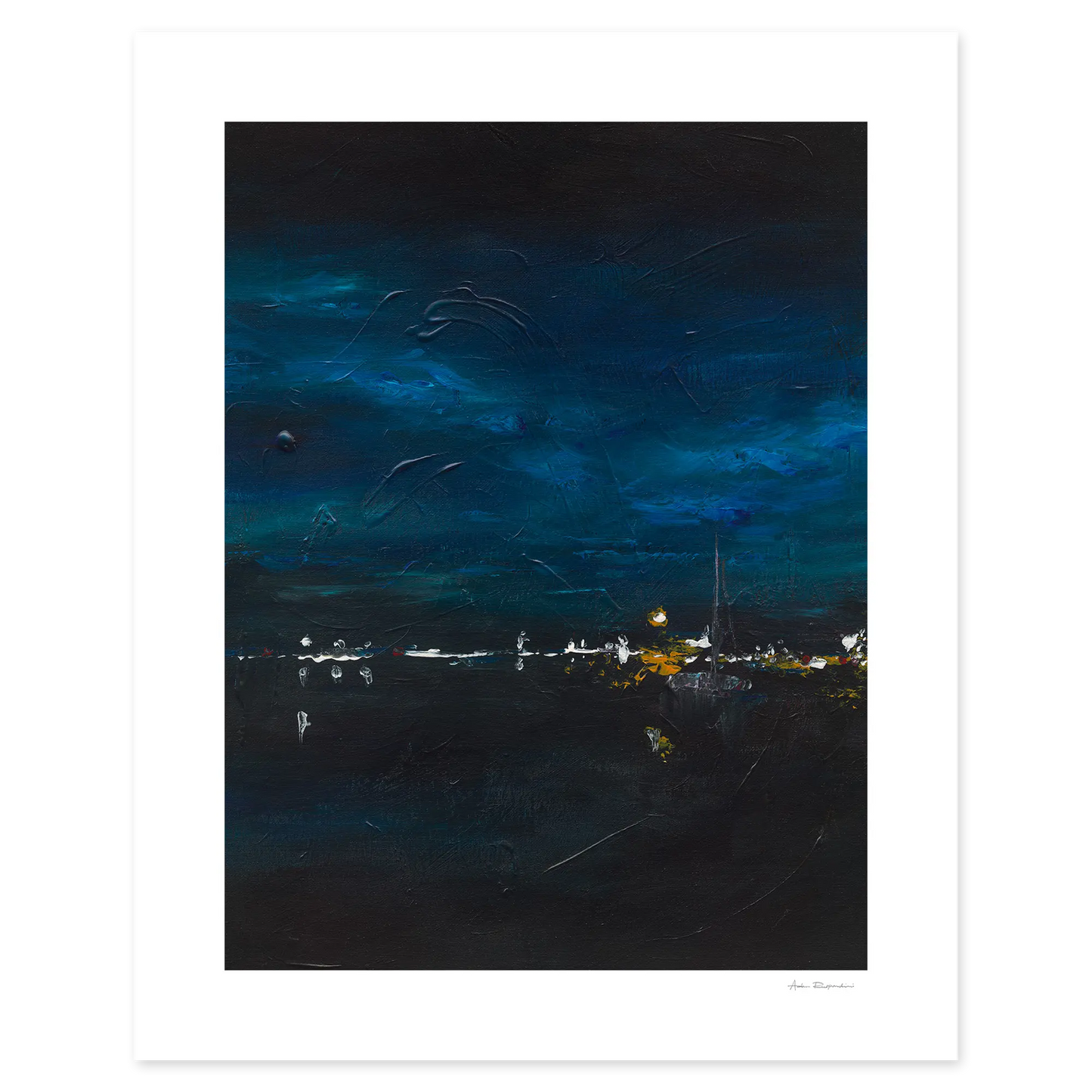 Starry night sky over a coastal town with visible light pollution.