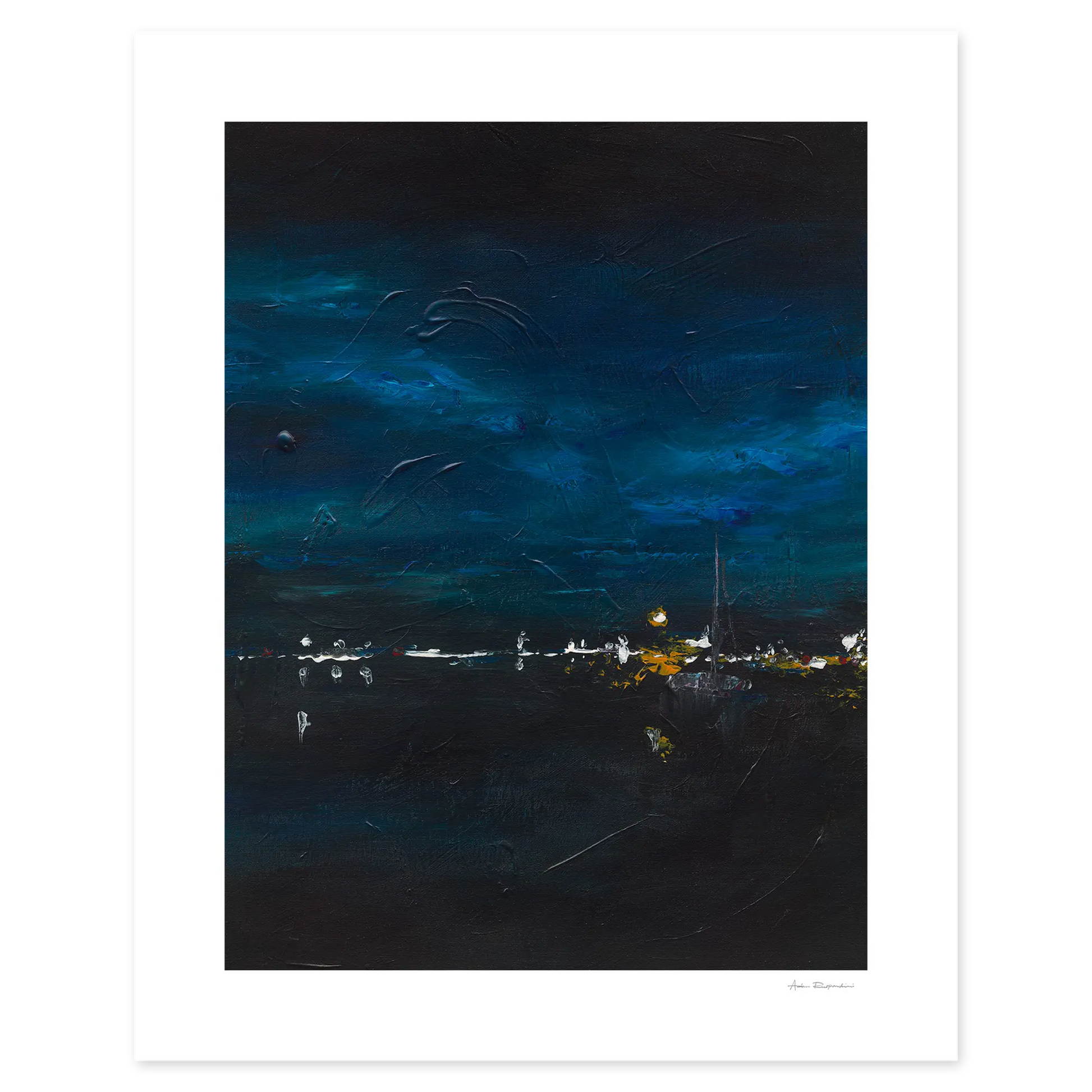 Starry night sky over a coastal town with visible light pollution.