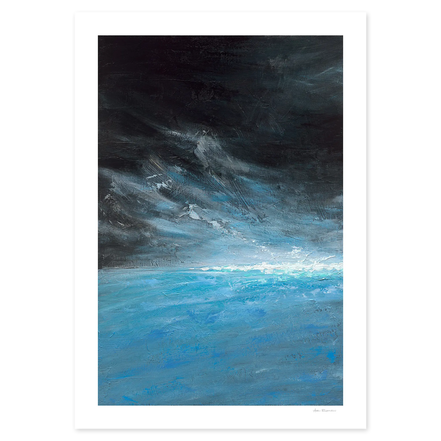 Artistic depiction of a stormy sky over water with dark and light blue tones.