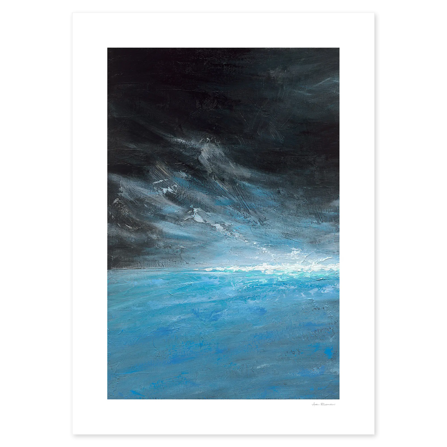 Artistic depiction of a night sky with dark clouds and a bright light source.