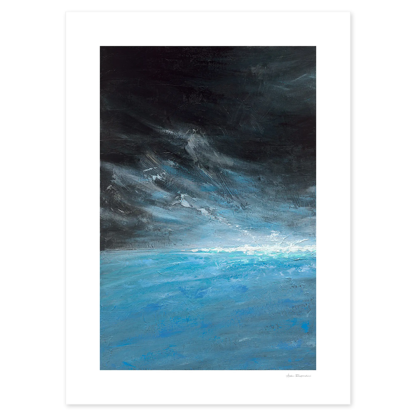 Abstract painting of a dark sky with light blue ocean