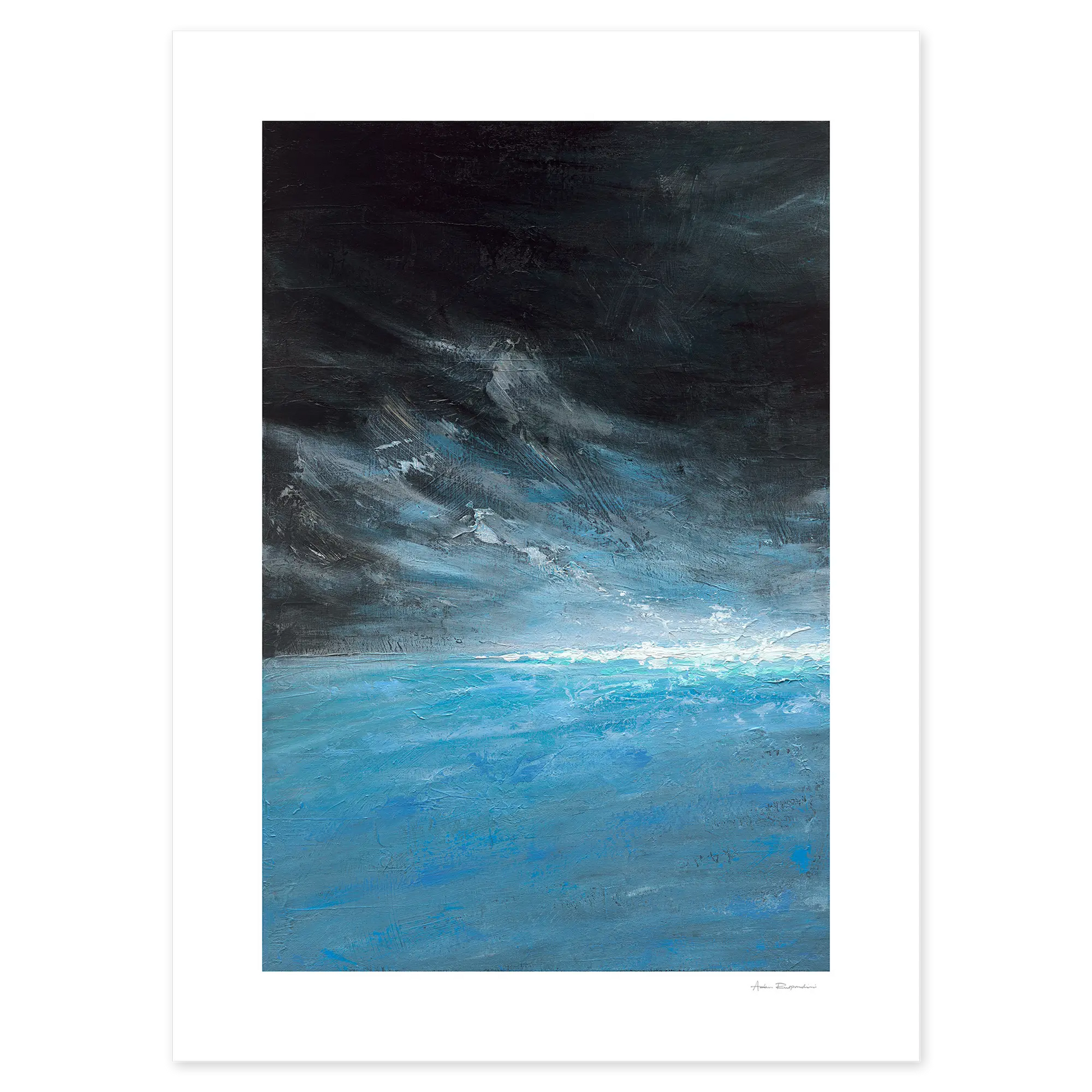 Abstract painting of a dark sky with light blue ocean