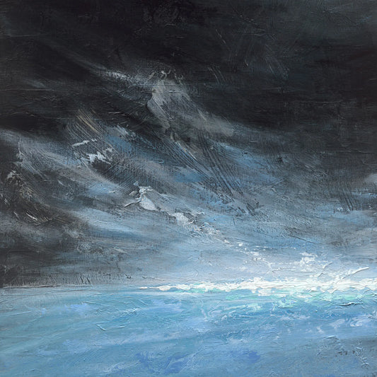 Artistic depiction of a stormy landscape with dark clouds and light blue ground.