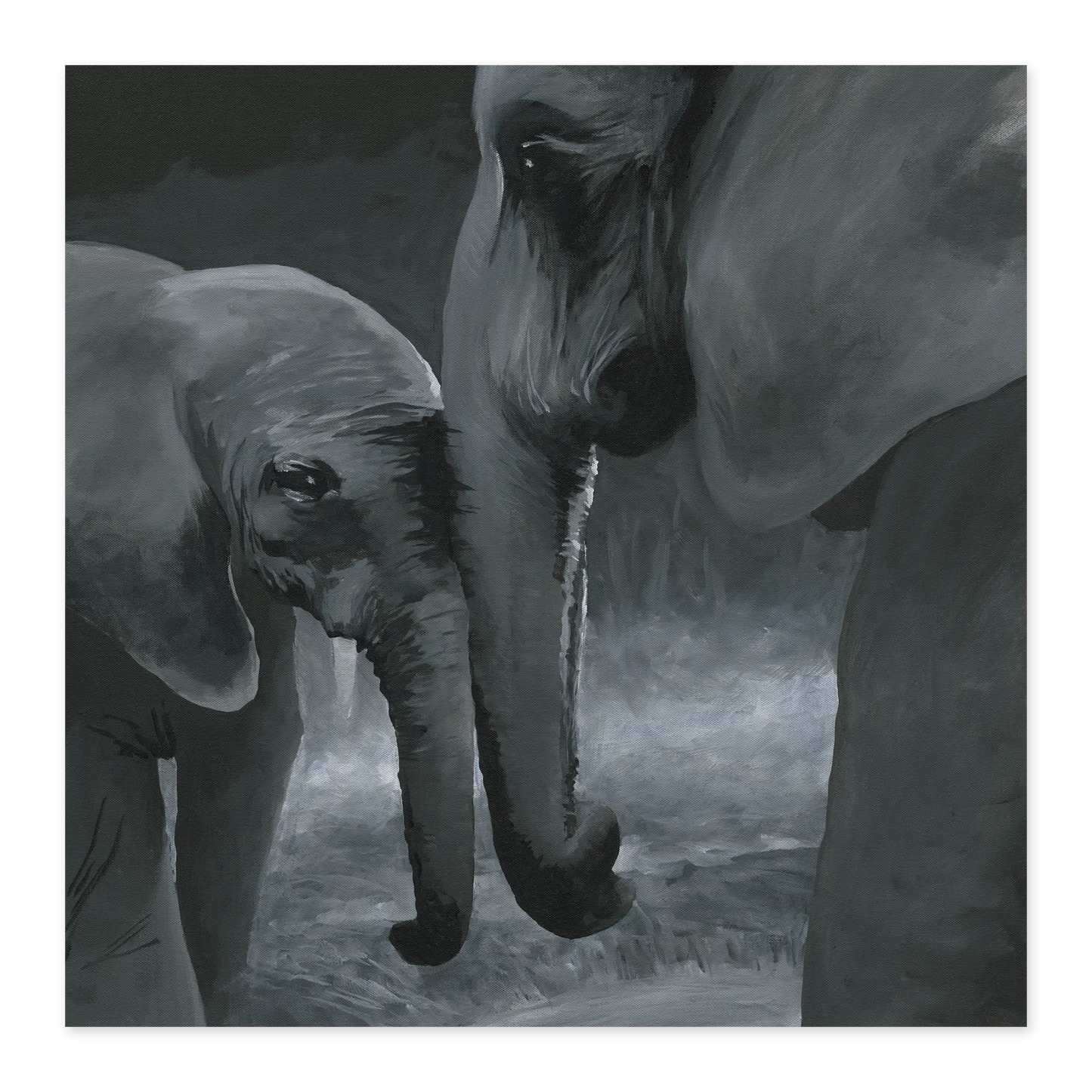 Artistic depiction of two elephants interacting with each other.