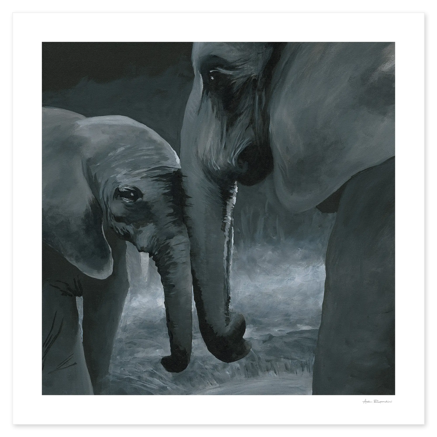 Artistic depiction of two elephants interacting with each other.