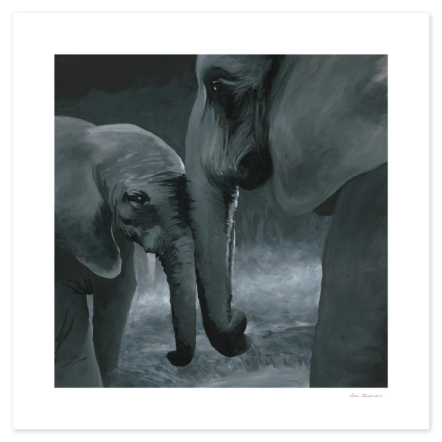 Two elephants interacting with each other in a dark setting