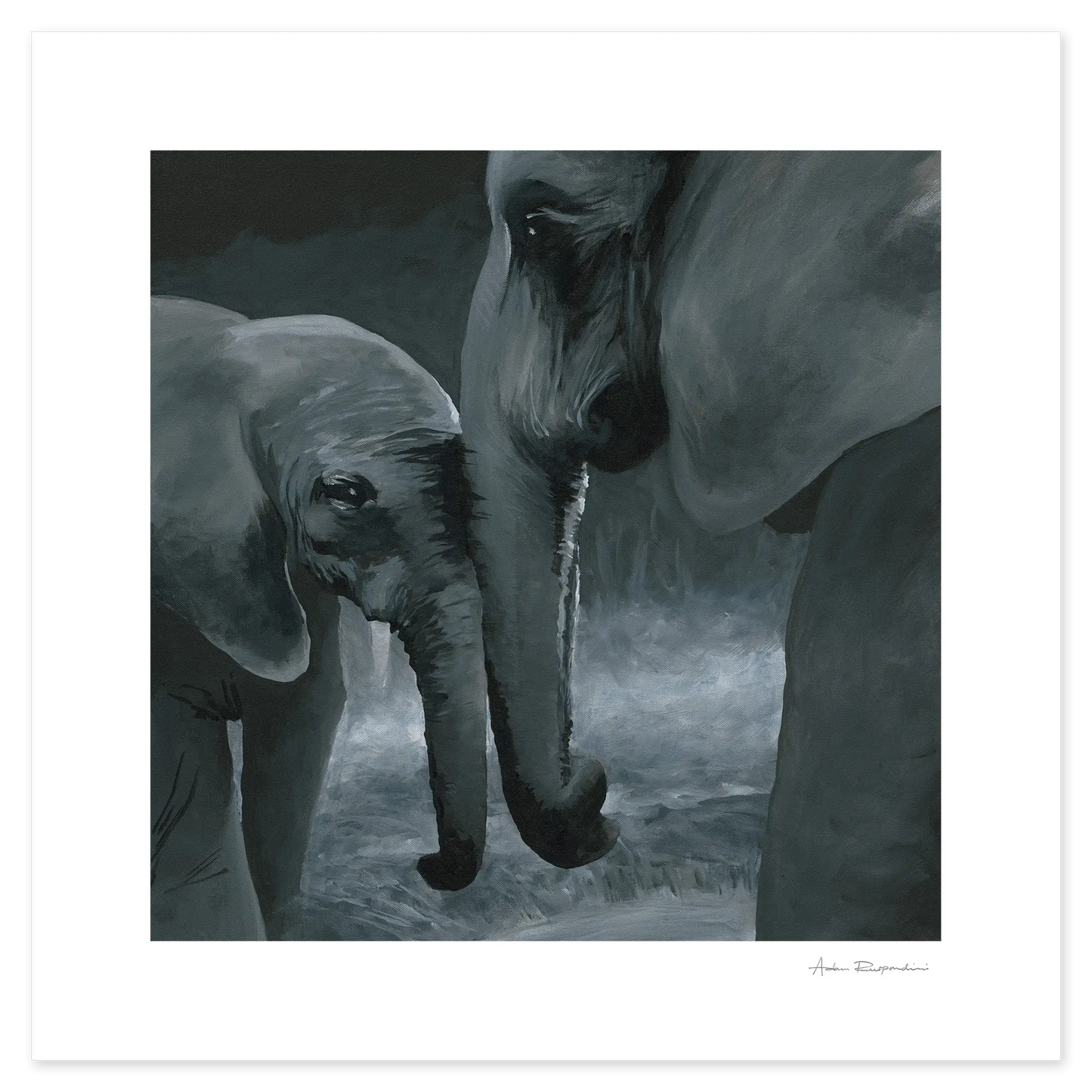Artistic depiction of two elephants interacting with each other.