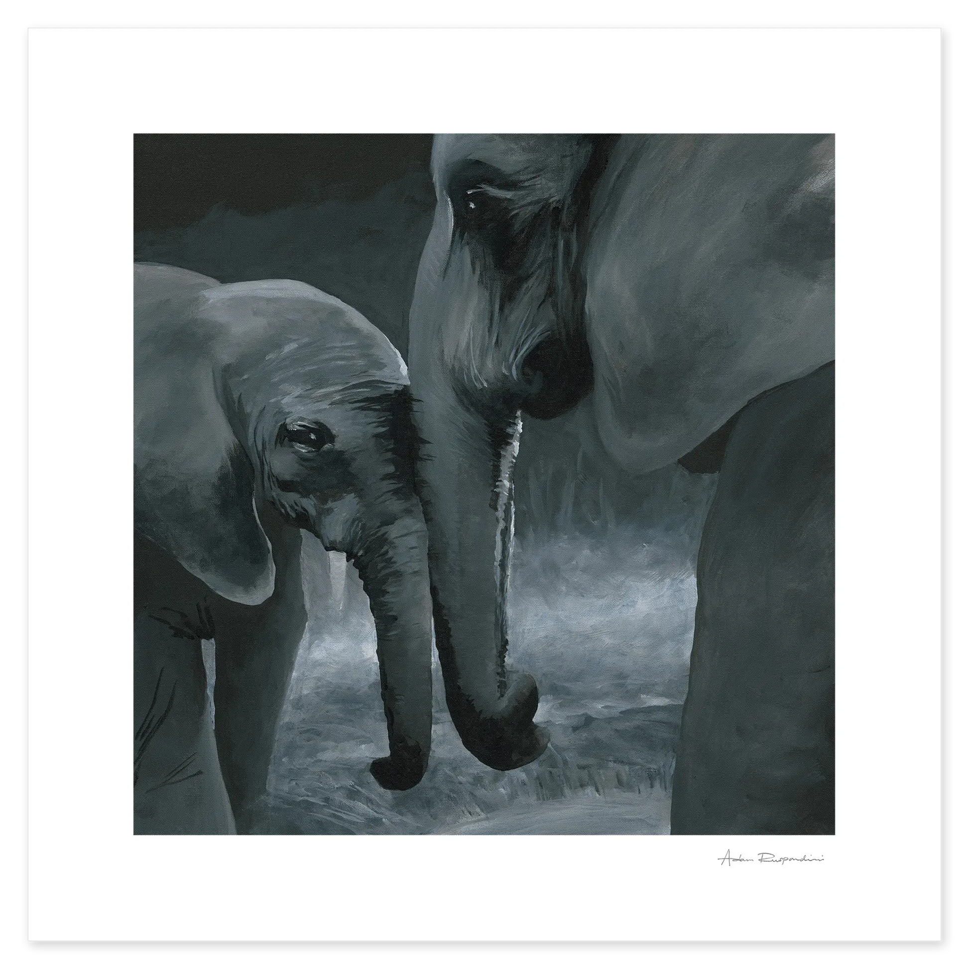Artistic depiction of two elephants interacting with each other.