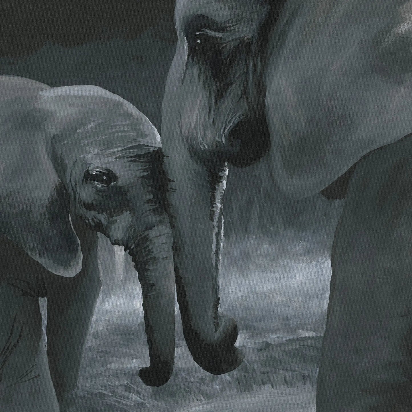 Two elephants interacting with each other in a misty landscape