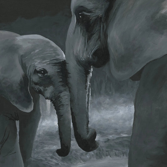 Two elephants interacting with each other in a misty landscape