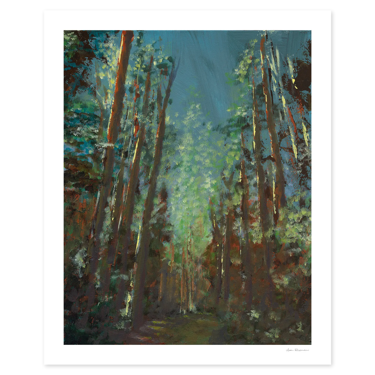 Painting of a forest scene with sunlight filtering through the trees