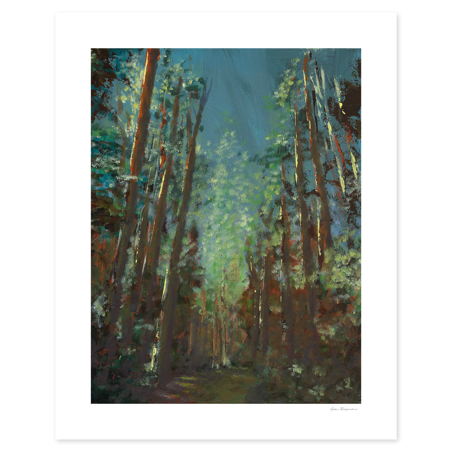 Painting of a forest scene with tall trees and a path