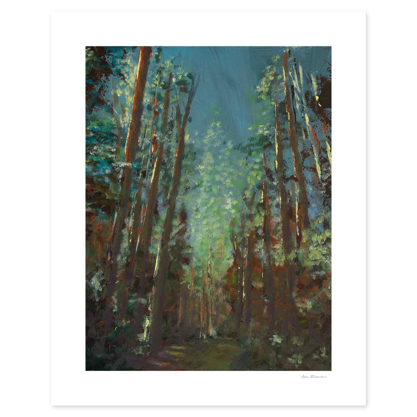 Painting of a forest scene with tall trees and dappled light