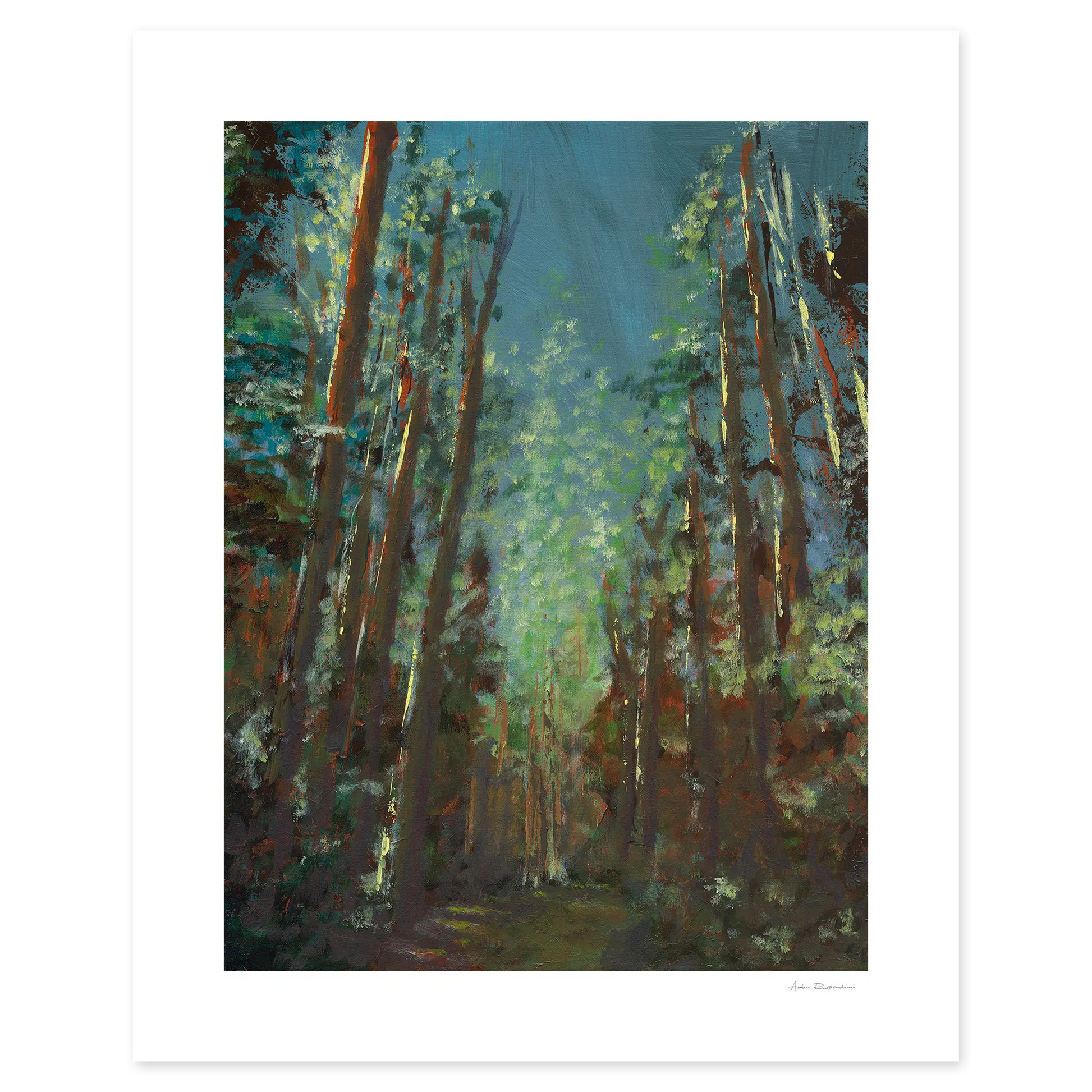 Painting of a forest scene with tall trees and dappled light