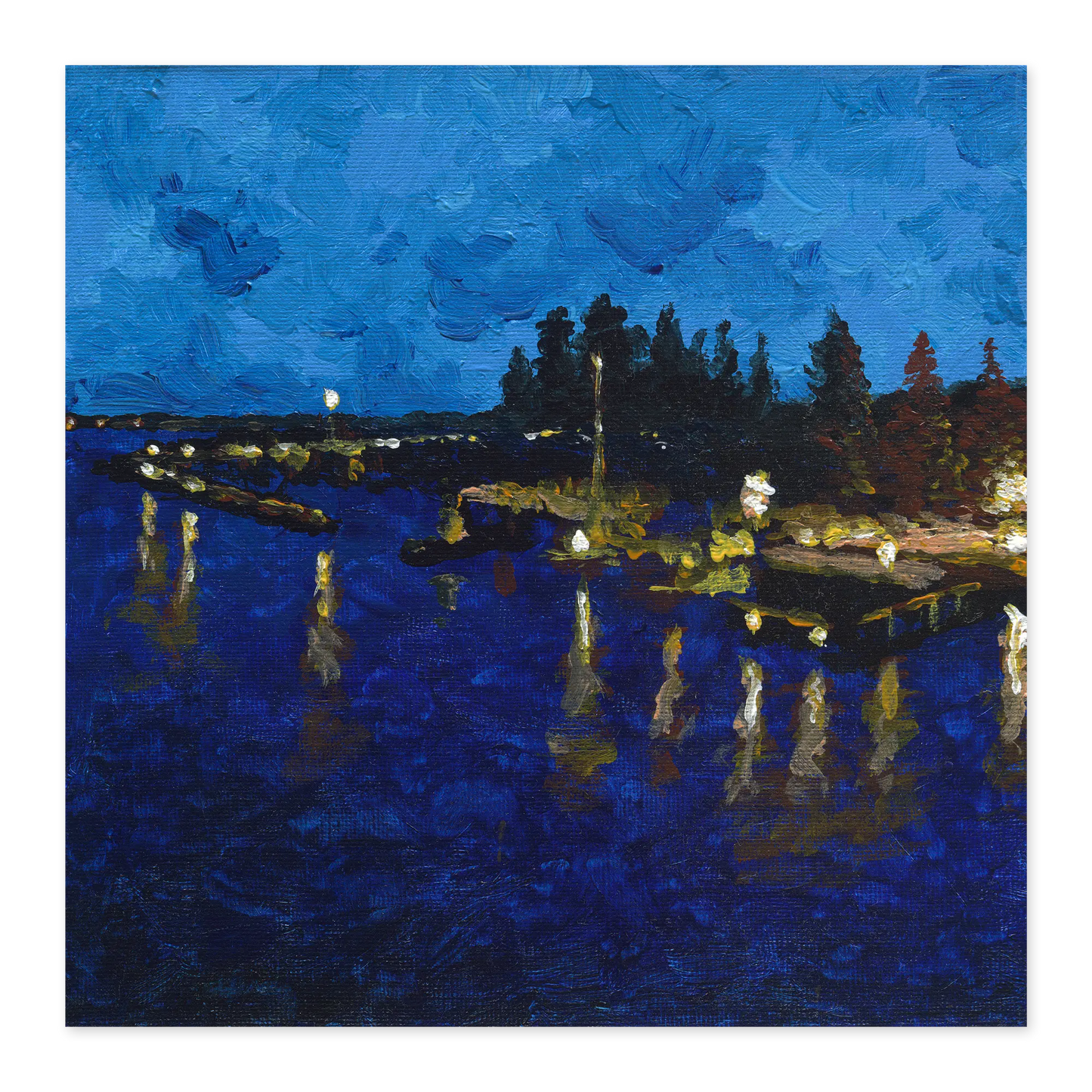 Painting of a night scene by a lake with lights reflecting on the water.