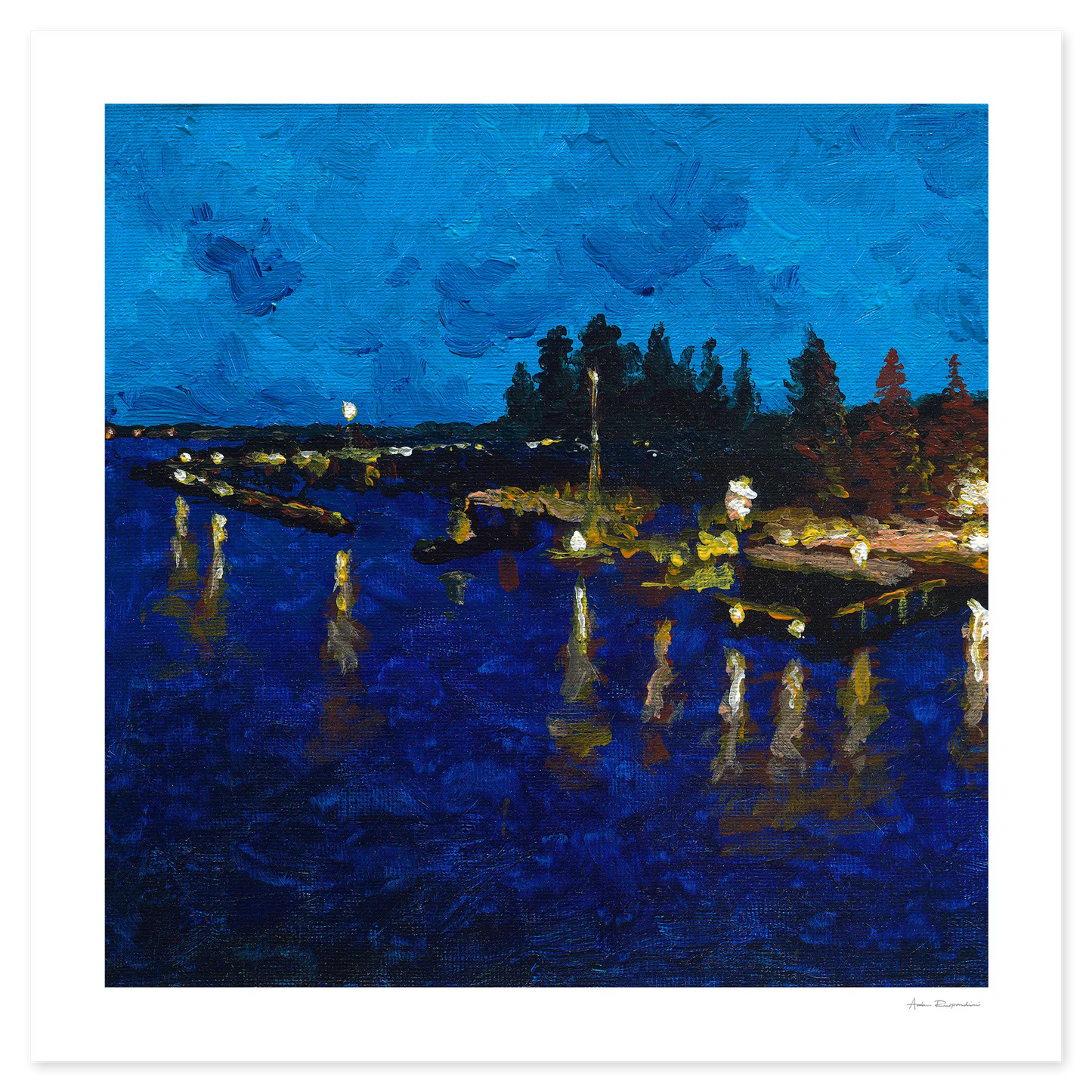 Painting of a waterfront scene at night with lights reflecting on the water.