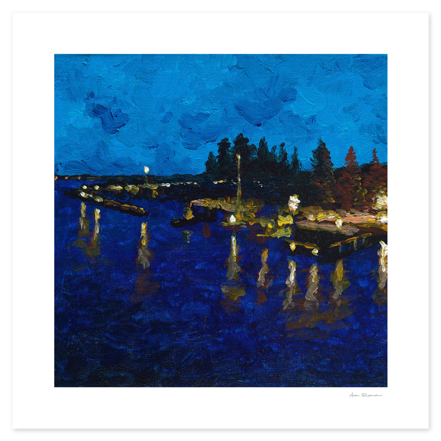 Artistic depiction of a dock at night with lights reflecting on water