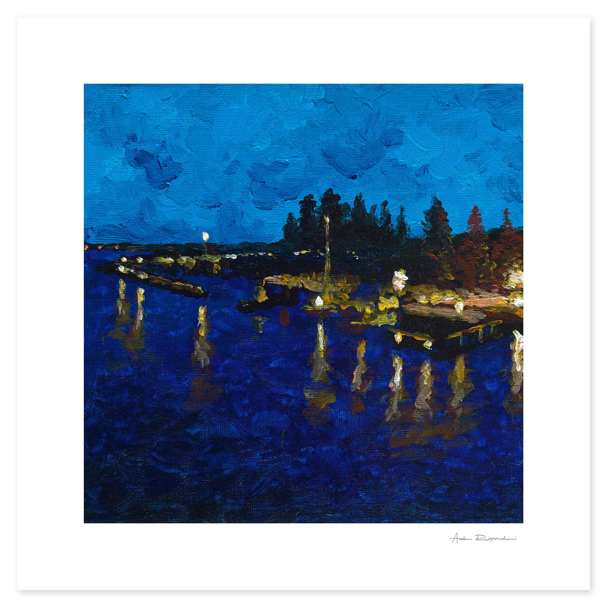 Artistic depiction of a dock at night with blue tones and reflections on water