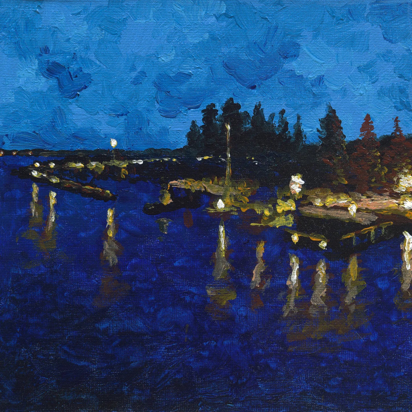 Painting of a night scene with lights reflecting on water and trees in the background.
