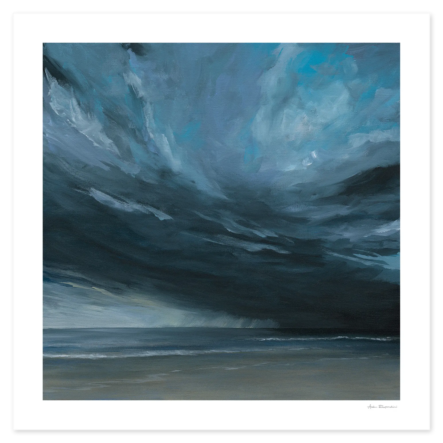 Artistic depiction of a stormy sky with dark clouds over water.