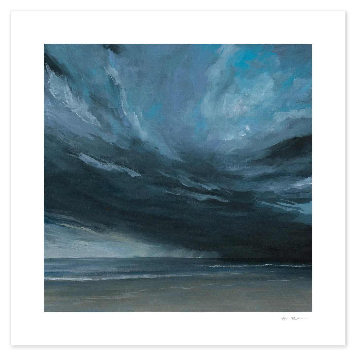 Artistic depiction of a stormy sky over water