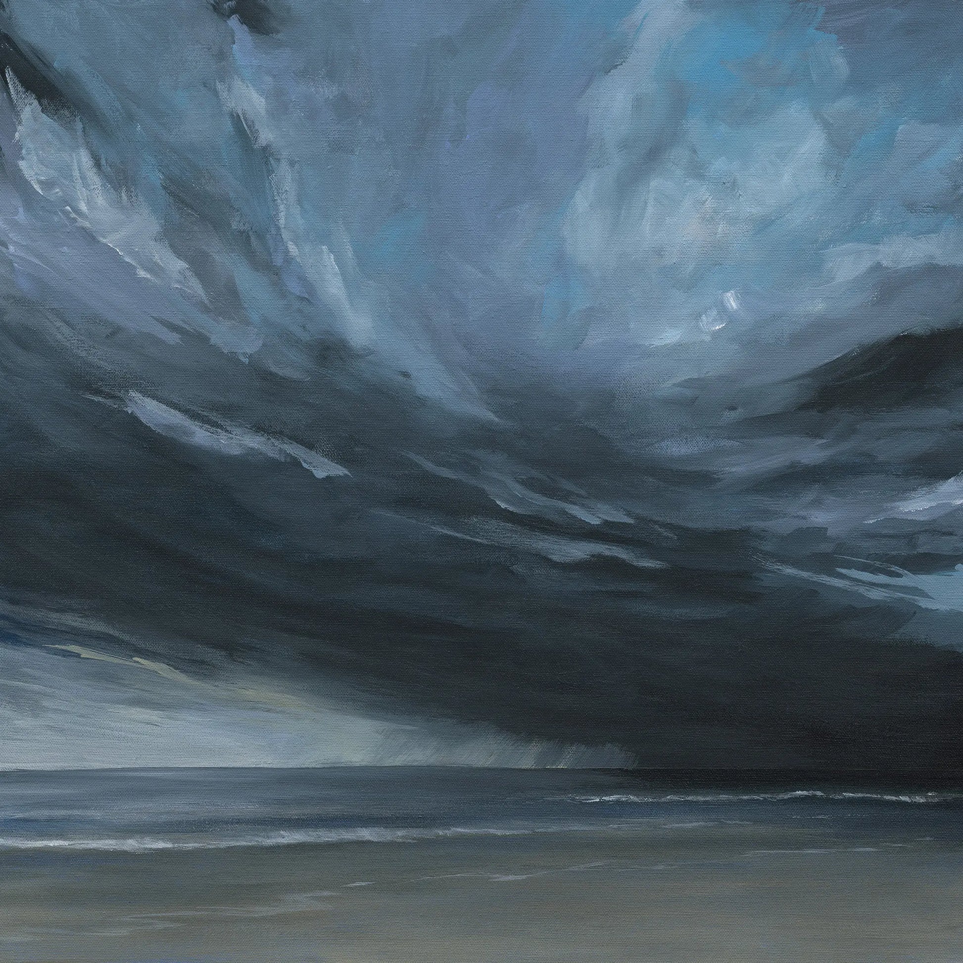 Artwork of dark, swirling clouds over a body of water