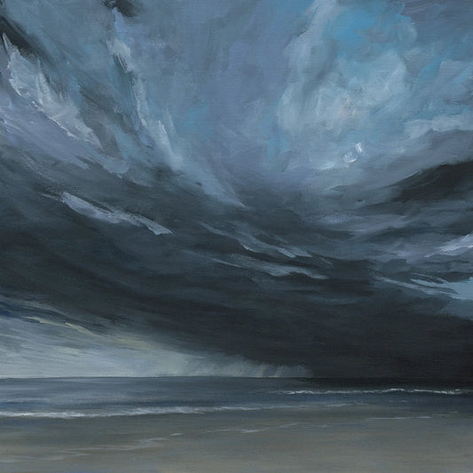 Artwork of dark, swirling clouds over a body of water
