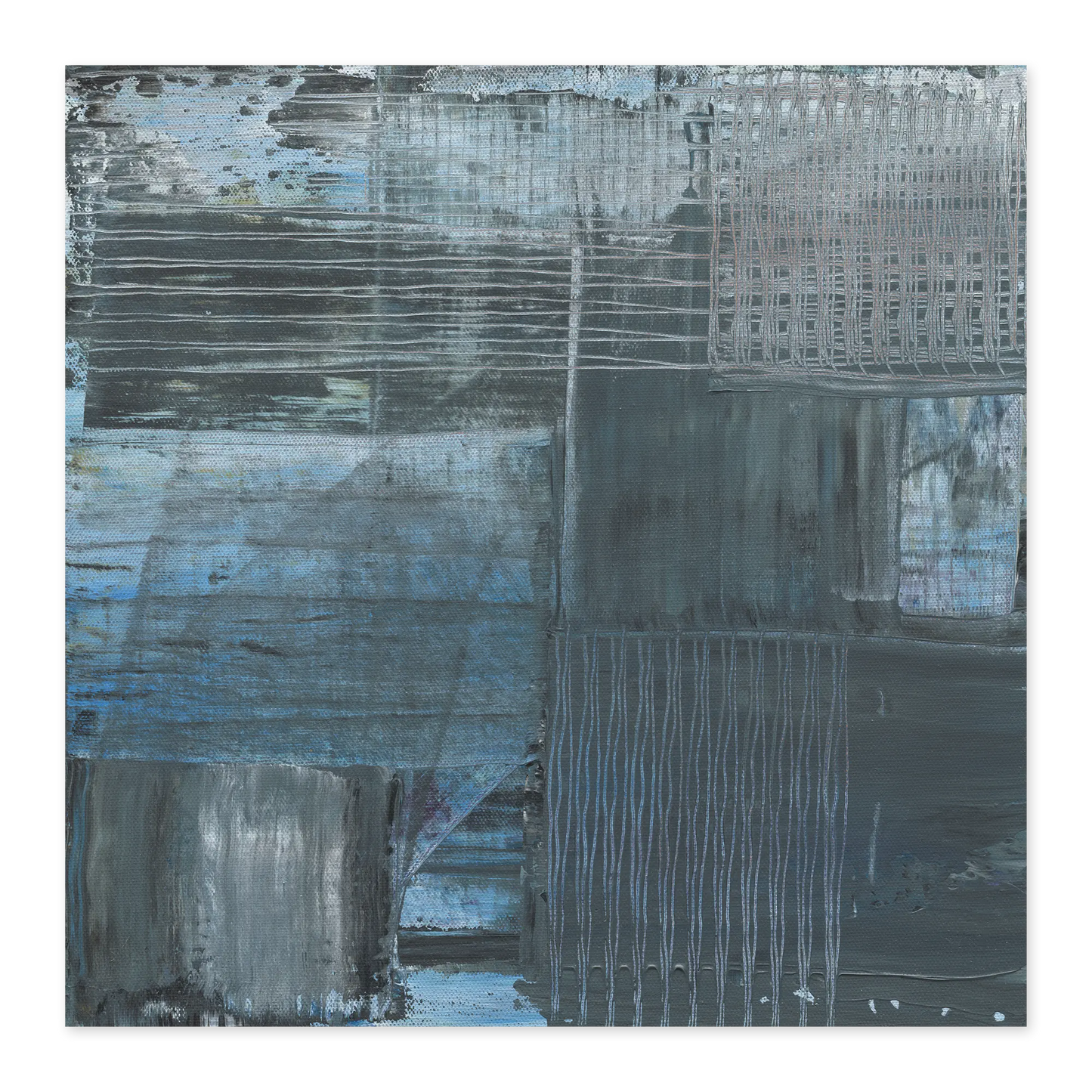 Abstract art piece with blue and gray tones on a white background