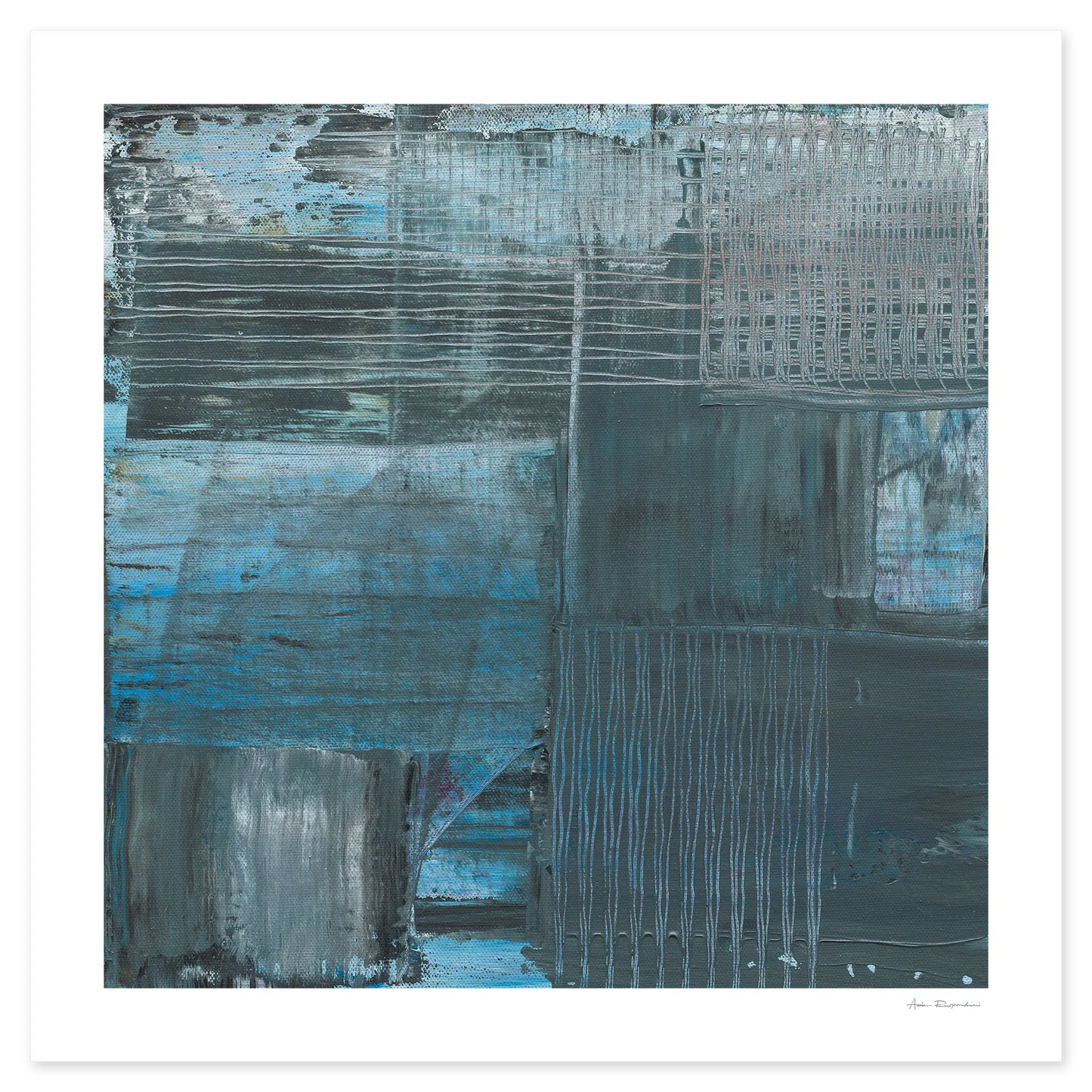 Abstract art piece with blue and gray tones on a white background